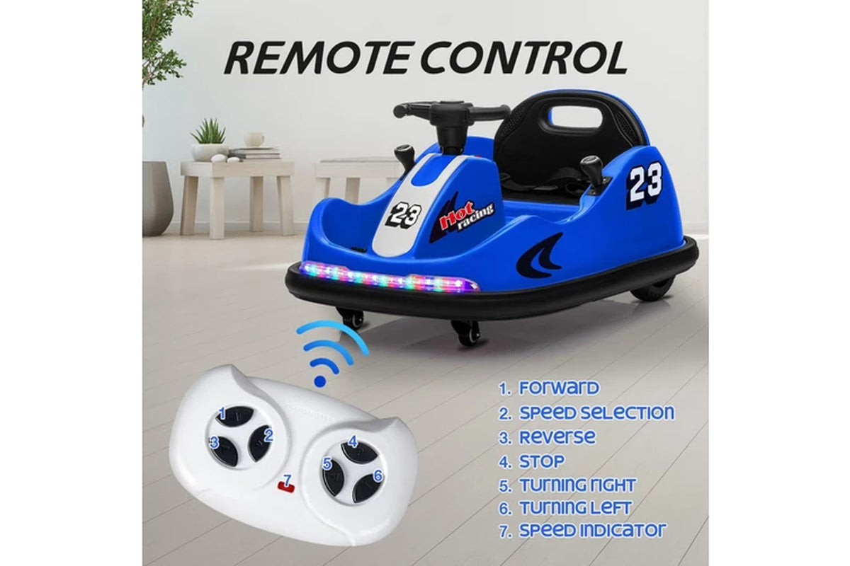 Remote-Controlled Electric Bumper Car for Children - 360-Degree Spin, Dual Motor, Music, LED Lights, Customizable Stickers, Blue